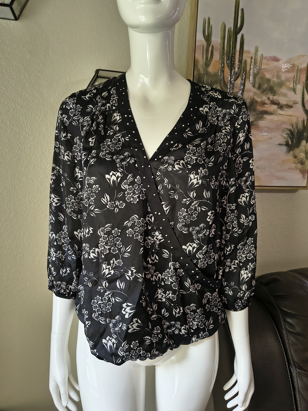 Daniel Rainn Black and White Floral Faux-Wrap Blouse
